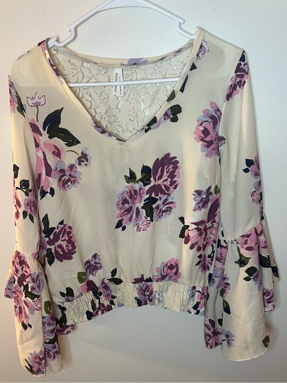 Live 4 Truth Cream Floral V-Neck Blouse with Purple Floral Roses design